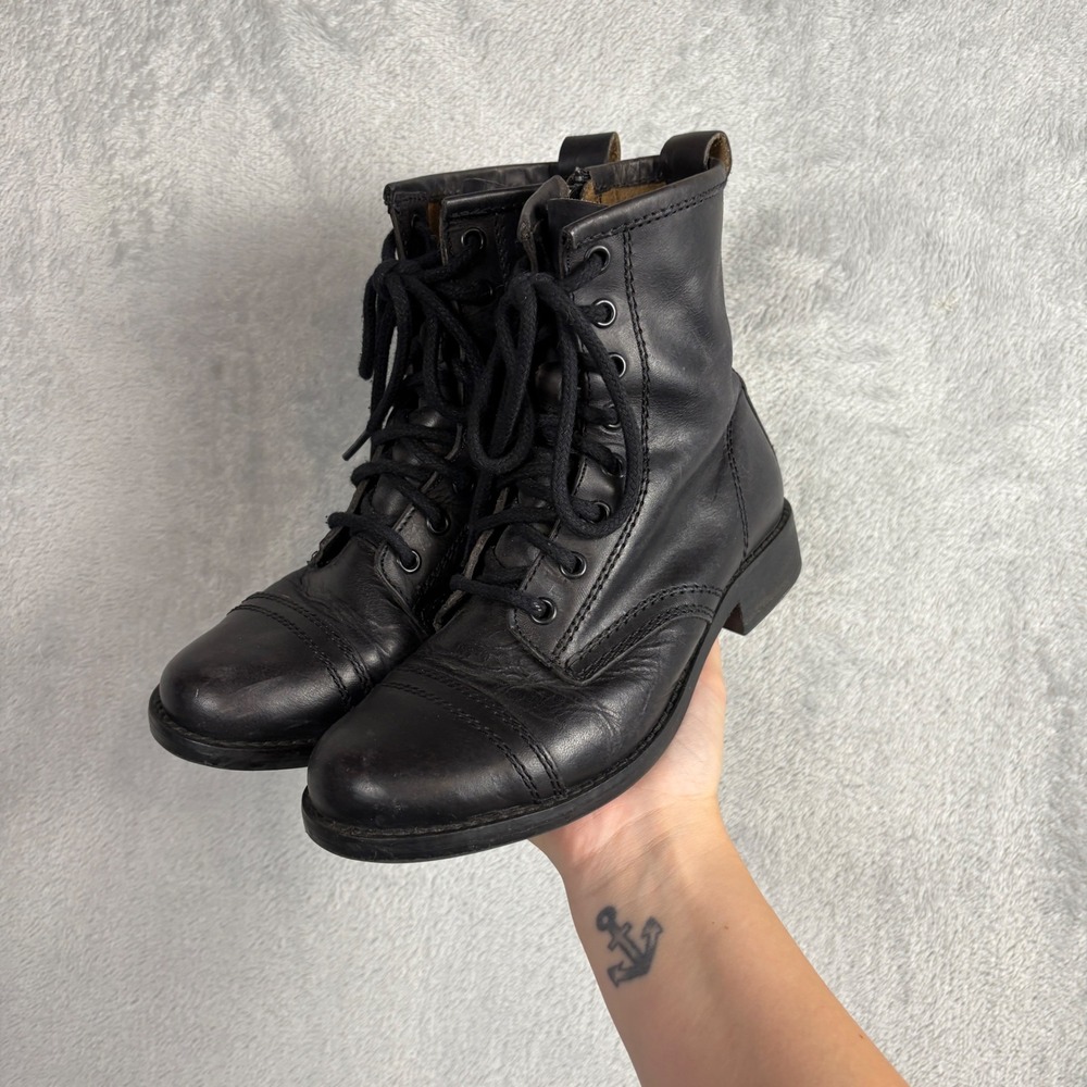 Steve Madden Troopa Black Leather Lace Up Side Zip Combat Boots Womens 6.5